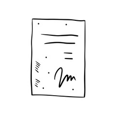 Paper message. Send message. Letter. Text, communication. Cartoon doodle vector illustration, icon, sticker, symbol. Black line art design. Isolated on white background. Easy to change color.