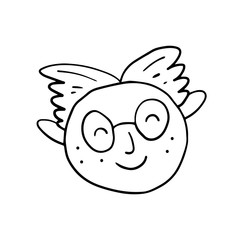 Man, boy face, positive emotion cartoon doodle hand drawn vector illustration, sticker, icon, design element. Black monochrome design. Isolated on white background. Easy to change color. Emoji, smile.