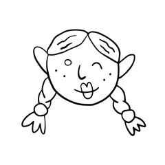 Woman, girl face with smile cartoon doodle hand drawn vector illustration, sticker, icon, design element. Black monochrome design. Isolated on white background. Easy to change color. Feminism. Chat. 