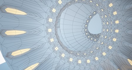 Abstract drawing architectural background. White interior with discs and neon lighting. 3D illustration and rendering.