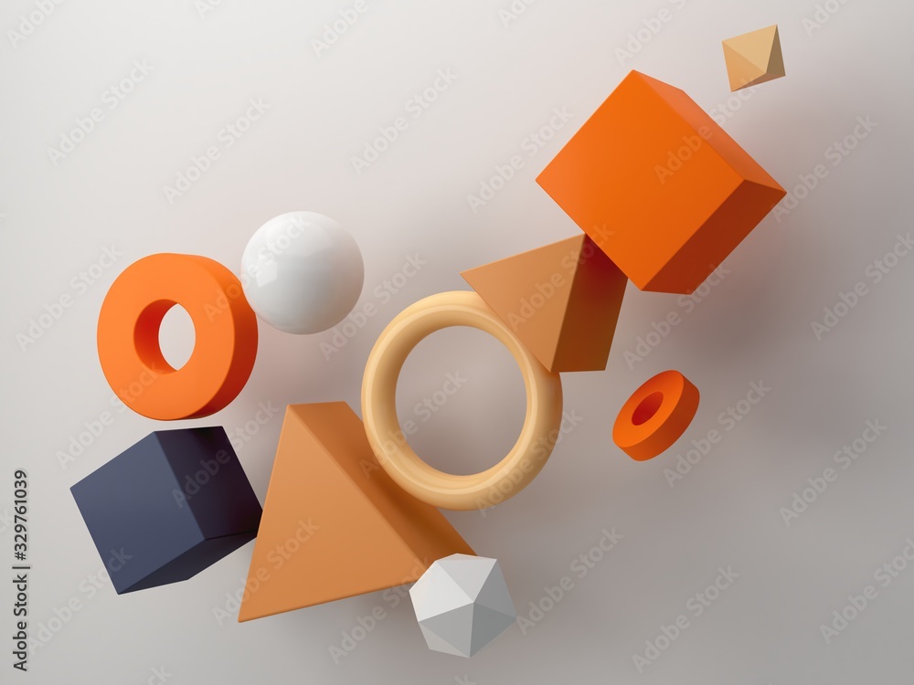 Poster minimal scene with geometrical forms in white abstract background. set of geometric shapes in chaoti