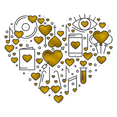 Heart shape with love elements in gold. Heart vector illustration. Love couple, relationship, dating wedding, romantic, amour concept theme. Unique Valentine day print.