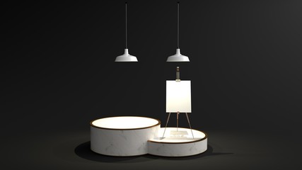 Round white marble Pedestal. White lamp and Light and drawing frame above. Pedestal Can be used for commercial advertising, Isolated on black floor, Minimalist Black, illustration, 3D rendering.