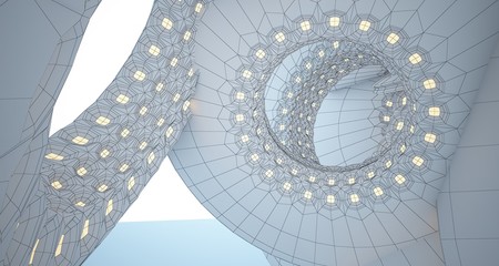 Abstract drawing architectural background. White interior with discs and neon lighting. 3D illustration and rendering.