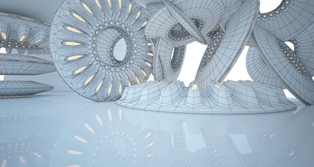 Abstract drawing architectural background. White interior with discs and neon lighting. 3D illustration and rendering.