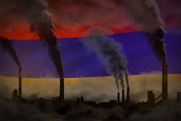 Dark pollution, fight against climate change concept - industrial pipes dense smoke on Armenia flag background - industrial 3D illustration