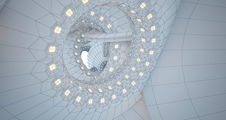 Abstract drawing architectural background. White interior with discs and neon lighting. 3D illustration and rendering.