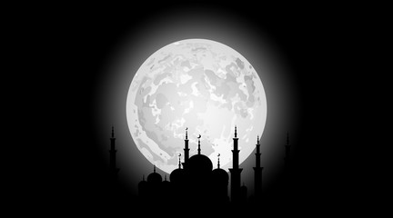 Moon. Silhouette city on background the full moon. Vector illustration.