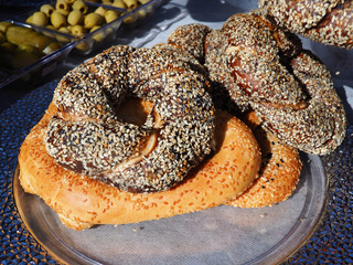 Freshly baked bagel pretzel with sesame seeds