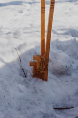 Slavic traditional stilts. winter. snow