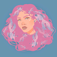 Mermaid ocean, great design for any purposes. Watercolor isolated. Female fashion. Mermaid silhouette. Nautical pattern vector. Magic mermaid tail background. Fashion woman.