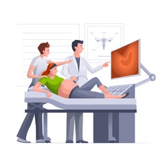 Happy pregnant woman getting ultrasound scan.