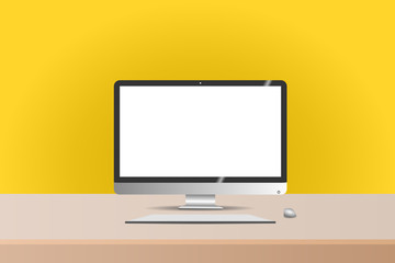 A Computer on Wooden Table and yellow wall Background. White Screen for Mockup.