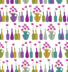 Modern seamless pattern with hand drawn spring flowers in vases and bottles for textile, fabric manufacturing, wallpaper, covers, surface, gift wrap, scrapbooking. Vector.