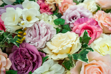 Closeup view photography of colorful synthetic flowers. 