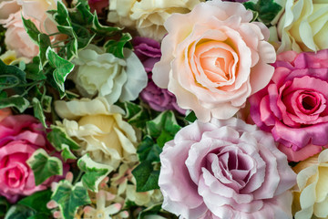 Closeup view photography of colorful synthetic flowers. 