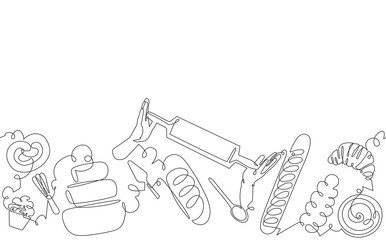 Bakery Pattern. Background with Baking Products and Utensils. Bread House banner. Cooking poster. Continuous drawing style. Vector illustration.