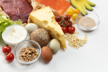 Healthy eating food. Ingredients for low carb keto ketogenic diet. Intermittent fasting conception. Time to loss weight. Flat lay.