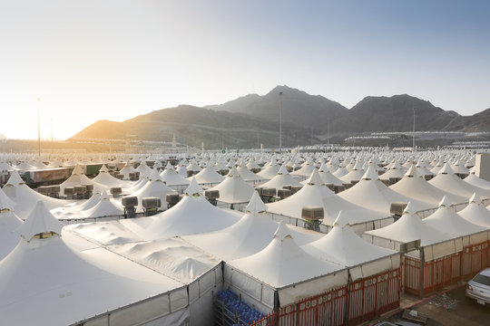 Makkah, Saudi Arabia : Landscape of Mina, City of Tents, the area for hajj pilgrims to camp during jamrah 'stoning of the devil' ritual - August 1, 2018
