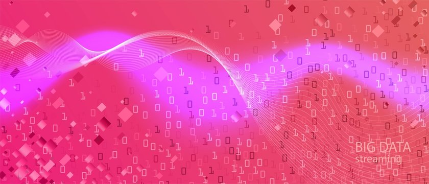 Binary Code Vector Presentation. Digital Futuristic Slide. Fractal Flow Data Tech Neon Grunge Music Layout. Pink Blue Purple 