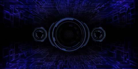 Flying circles HUD on glowing blue tunnel future background.Digital futuristic technology concept.