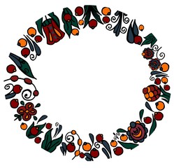 Flowers and berries in russian ethnic style round frame elements on the inside.