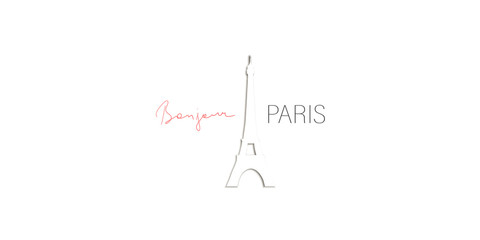 Silhouette of Eiffel tower. Good afternoon in French. Paper cut style, handwritten text. Vector