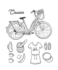 Bike cruiser illustration. Hand drawn  illustration with city women's bicycle.