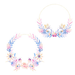 watercolor wreath of pink-violet-blue flowers for holidays, invitations