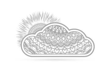 Outline cloud with sun icon isolated on white. Art line in boho or maori style. Sketch vector stock illustration - obrazy, fototapety, plakaty