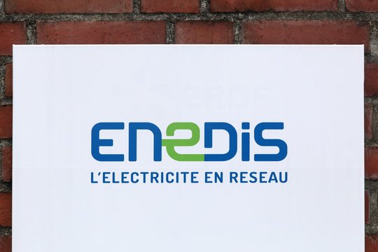 Orleans, France - March 19, 2017: Enedis logo on a wall. Enedis Is a public company , a 100% subsidiary of EDF, which is responsible for managing 95% of the electricity distribution network in France