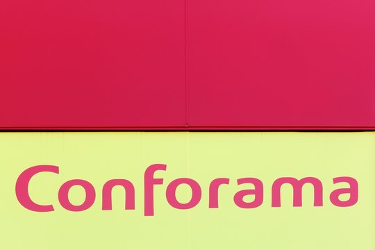 Saint Priest, France - June 18 2017: Conforama logo on a wall. Conforama is Europe's second largest home furnishings retail chain with over 200 stores in France