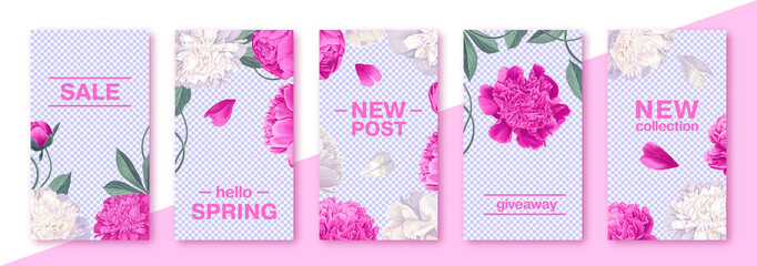Design backgrounds for social media with peonies flowers. Floral spring editable stories template. Garden flora poster, flowers composition layout and trendy social media story templates vector set.