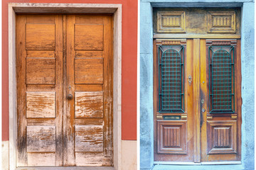 two old weathered wooden doors with wooden decorations in the historic part of Lisbon