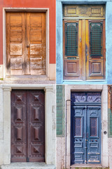four old weathered wooden doors with wooden decorations in the historic part of Lisbon