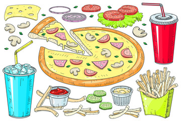 Vector image of creative pizzas. A slice of pizza for the design of advertising for your restaurant and cafe.