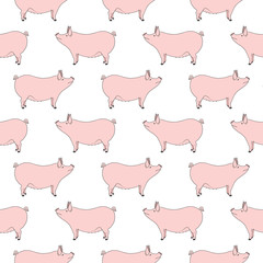 Seamless pattern with pig, farm (domestic) animal isolated on white background. Cute print with colored graphic elements for textile, fabric, wrapping paper, scrapbooking, web design