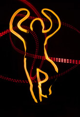 Neon dancing woman background with silhouette. Yellow and red neon illustration.