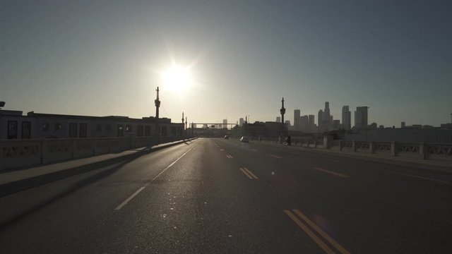 Los Angeles Downtown 4th St Bridge Eastbound Sunset Driving Plate Rear View 2 LA River