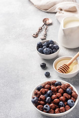 Chocolate flakes made from natural cereals with fresh blueberries, honey and milk. The concept of a healthy wholesome Breakfast. copy space Grey concrete background
