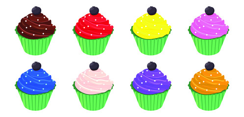 Cupcake set vector illustration with blueberry on top isolated on white background. Blueberry cream and raspberries cream. Design element for confectioners or birthdays with invitation and postcards