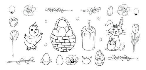 Easter basket with eggs and rabbit with chicken and hatching chick with broken eggs and tulips with pussy willow and easter cake isolated on white background. Easter elements for designing invitations
