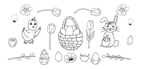 Easter basket with eggs and rabbit with chicken and hatching chick with broken eggs and tulips with pussy willow isolated on white background. Easter elements for designing invitations and postcards