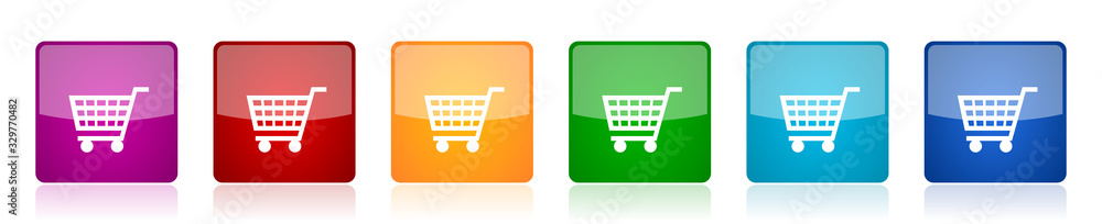 Fototapete shopping cart icon set, colorful square glossy vector illustrations in 6 options for web design and 