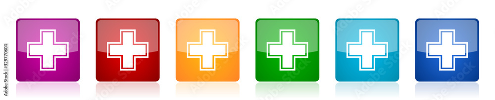 Aufkleber pharmacy icon set, colorful square glossy vector illustrations in 6 options for web design and mobil