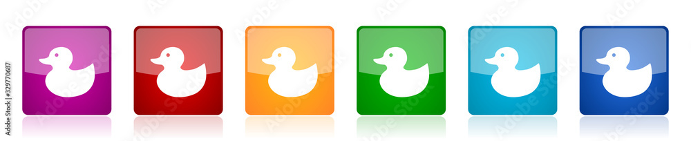 Aufkleber Duck toy, bird icon set, colorful square glossy vector illustrations in 6 options for web design and mobile applications
