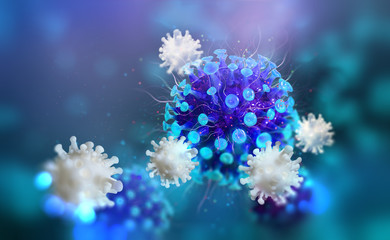 Fototapeta na wymiar Virus, germs, microbe, bacterium, pathogen organism, leukocyte 3D illustration. Viral infection. Immunity fights disease. White blood cells attack infected cells. Viral mutations and immune defense