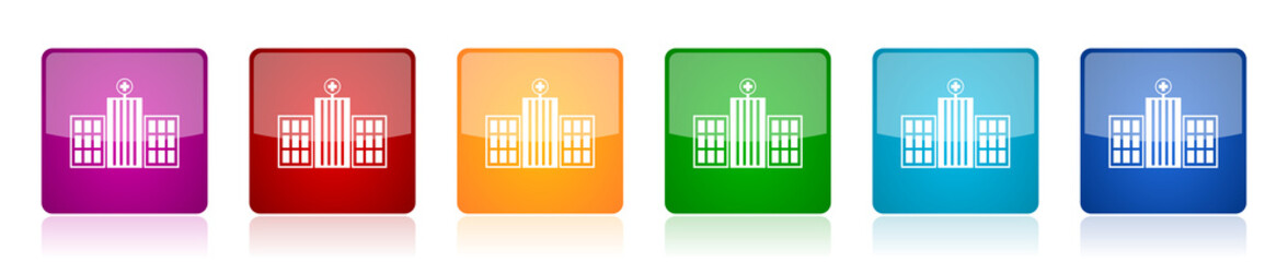 Hospital building icon set, colorful square glossy vector illustrations in 6 options for web design and mobile applications