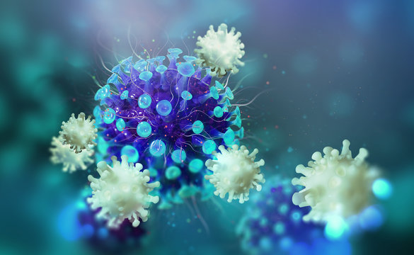 Virus, germs, microbe, bacterium, pathogen organism, leukocyte 3D illustration. Viral infection. Immunity fights disease. White blood cells attack infected cells. Viral mutations and immune defense