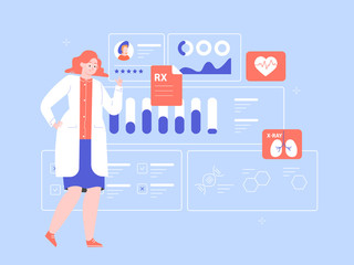Female doctor scientist with a medical dashboard. Diagnosis of diseases, medical tests, effective treatment. Dashboard with patient health information. Vector flat illustration.